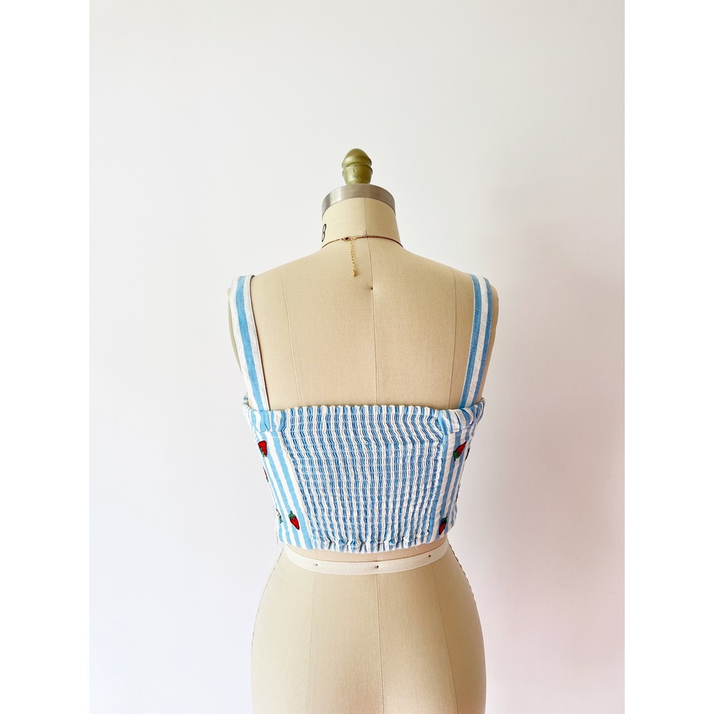 Maeve Anthropologie Bustier Top Blue White Striped Strawberry Embroidered 2 - Picture 4 of 9